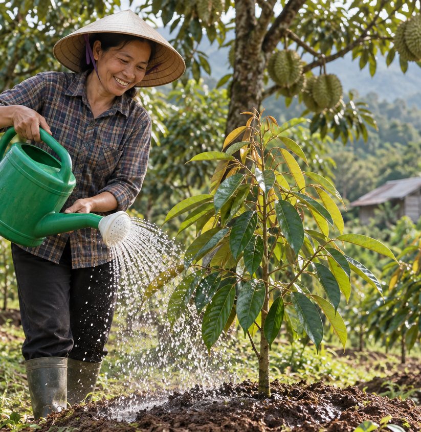 Nhà nông tưới cây sầu riêng con